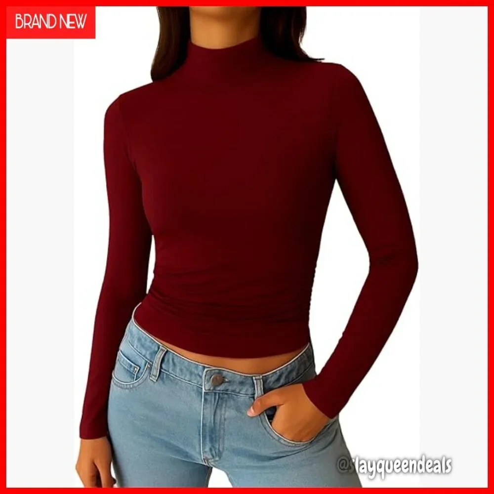 Mock Turtleneck Long Sleeve Slim Fit Tee, Ruched Double Lined Stretch Basic Top